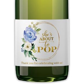 BABY BOY Baby Shower Mini Champagne Labels - She’s About To POP Mini Champagne Bottle Labels ● SET of 12 ● Thank You for Celebrating with us - POP When You Get the News Favors WATERPROOF M625-POP-B-12