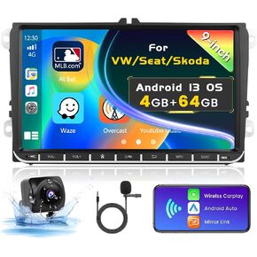 4+64G Inefala Android 13 Car Radio for VW Polo Golf Caddy Touran Passat Seat Stereo Kit, 9 inch HD Touch Screen with Wireless Carplay Android Auto WiFi GPS EQ BT FM/RDS Backup Camera MIC