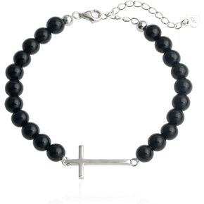 925 Sterling Silver Sideways Cross Charm Cultured Freshwater Baroque Pearl Bracelet