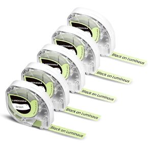 Phomemo 5X Black on Luminuous Thermal Plastic Label Tapes Compatible with Phomemo P12 & P12 PRO Label Maker & Dymo Label Maker Letratag LT-100H LT-110T XR XM Plus QX50(1/2 Inch x 13 Feet 12mm x 4m)