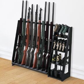 ikkle Gun Rack Floor Rifle Racks with Pistol Rack, Heavy Duty Wooden Gun Storage Holder with Soft Pads, Shotgun Rack Indoor Vertical Gun Display - Holds 9 Long Guns & 8 Handguns