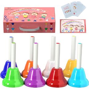 Hand Bells for Kids, 8 Note Musical Handbells Set with 17 Songbook & 9 Music Notes Cards for Toddlers Children, Musical Learning Instruments (Upgrade Version)
