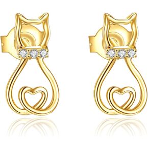 Cat Earrings 14k Yellow Gold Cute Animal Cat Leverback Earrings for Women Teens Girls Birthday Christmas Gifts (14K Gold Cat Earrings)