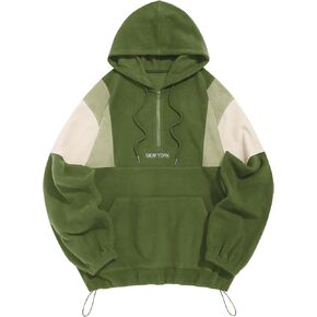 ZAFUL Men's Fluffy Polar Fleece Sweatshirt NEW YORK Embroidery Colorblock Half Zip Unisex Hoodie