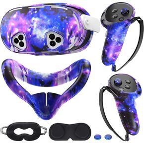 Silicone Cover Set Compatible with Meta/Oculus Quest 3s Accessories, VR Silicone Face Cover, VR Shell Cover,Touch Controller Grip Case,Camera Lens Protector Set (Starry Purple)