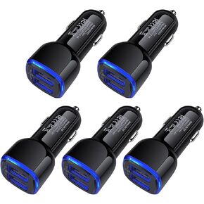 شاحن سيارة USB، 5 عبوات 2.4 أمبير بمنفذ مزدوج ولاعة سجائر USB شاحن هاتف السيارة محول سيارة لهاتف iPhone 15 14 13 12 SE 11 Pro Max، Samsung Galaxy A14 A15 A24 S23 S22 Ultra S21 S20 FE 5G S10 A53 A13