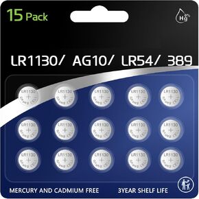 15Pack AG10 LR1130 Battery, High Capacity L1131 SR1130 389/390 G10 LR54 Batteries 1.5 Volt Alkaline Button Cell Long-Lasting Coin Cell Batteries