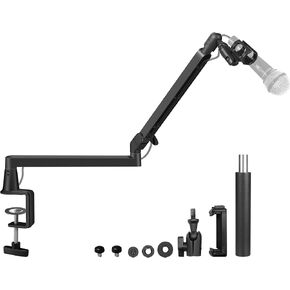 Low Profile Mic Arm Microphone Boom Arm Professional Adjustable with 15cm Riser Solid Desk Mount Clamp Cable Management Microphone Holder Stand for Podcast Streaming Gaming Mic Stand White