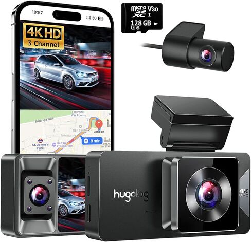 Hugolog 3 Channel Dash Cam 4K+1080P+1080P HD Triple Dashcam with 5G WiFi, 3" IPS Touch Screen, Front and Rear Inside Loop Recording Car Camera with 128G Micro SD Card, Built-in GPS, IR Night Vision in Kuwait
