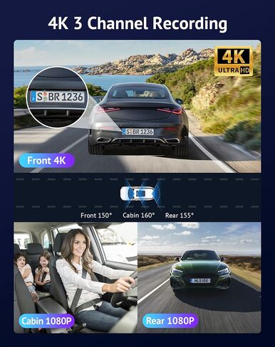 Hugolog 3 Channel Dash Cam 4K+1080P+1080P HD Triple Dashcam with 5G WiFi, 3" IPS Touch Screen, Front and Rear Inside Loop Recording Car Camera with 128G Micro SD Card, Built-in GPS, IR Night Vision in Kuwait