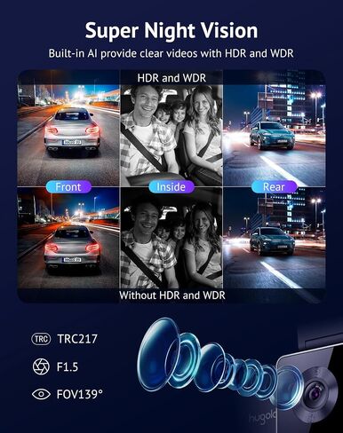 Hugolog 3 Channel Dash Cam 4K+1080P+1080P HD Triple Dashcam with 5G WiFi, 3" IPS Touch Screen, Front and Rear Inside Loop Recording Car Camera with 128G Micro SD Card, Built-in GPS, IR Night Vision in Kuwait