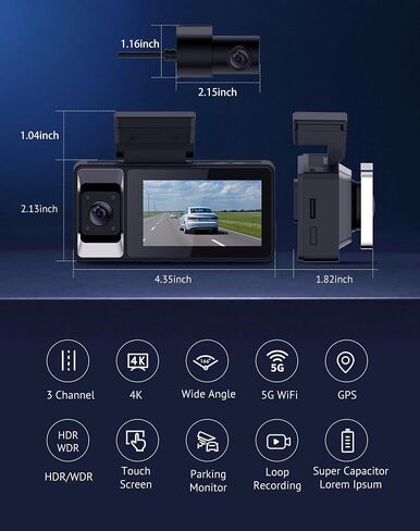 Hugolog 3 Channel Dash Cam 4K+1080P+1080P HD Triple Dashcam with 5G WiFi, 3" IPS Touch Screen, Front and Rear Inside Loop Recording Car Camera with 128G Micro SD Card, Built-in GPS, IR Night Vision in Kuwait