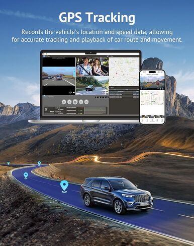 Hugolog 3 Channel Dash Cam 4K+1080P+1080P HD Triple Dashcam with 5G WiFi, 3" IPS Touch Screen, Front and Rear Inside Loop Recording Car Camera with 128G Micro SD Card, Built-in GPS, IR Night Vision in Kuwait