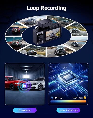 Hugolog 3 Channel Dash Cam 4K+1080P+1080P HD Triple Dashcam with 5G WiFi, 3" IPS Touch Screen, Front and Rear Inside Loop Recording Car Camera with 128G Micro SD Card, Built-in GPS, IR Night Vision in Kuwait