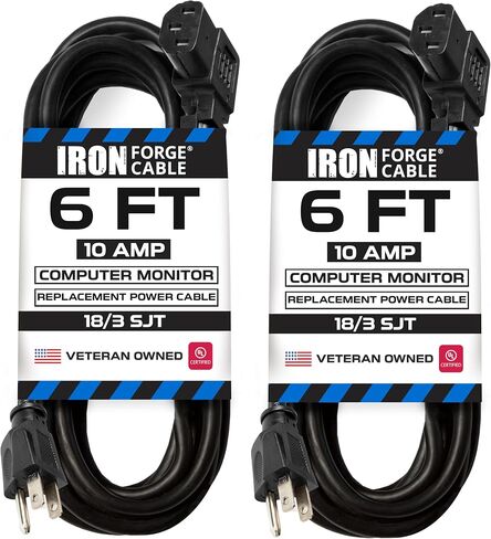 كابل Iron Forge 5 حزم من أسلاك الطاقة بطول 10 أقدام لجهاز الكمبيوتر أو الشاشة (NEMA 5-15P إلى C13) - كابل طاقة بديل للصوت والفيديو 18/3، أسود in Kuwait