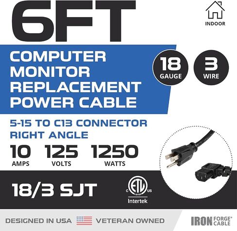 كابل Iron Forge 5 حزم من أسلاك الطاقة بطول 10 أقدام لجهاز الكمبيوتر أو الشاشة (NEMA 5-15P إلى C13) - كابل طاقة بديل للصوت والفيديو 18/3، أسود in Kuwait