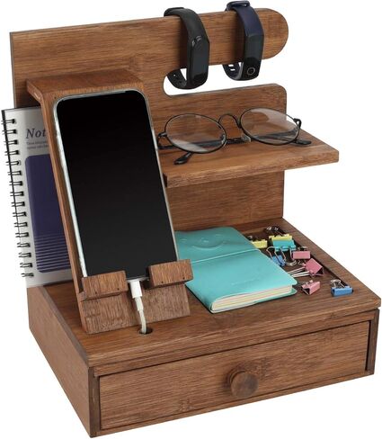 TQVAI Wood Phone Docking Charging Station Nightstand Organizer Bedside Stand, Gifts for Men, Husband, Dad Birthday, Anniversary, Christmas, Retro Brown in Kuwait