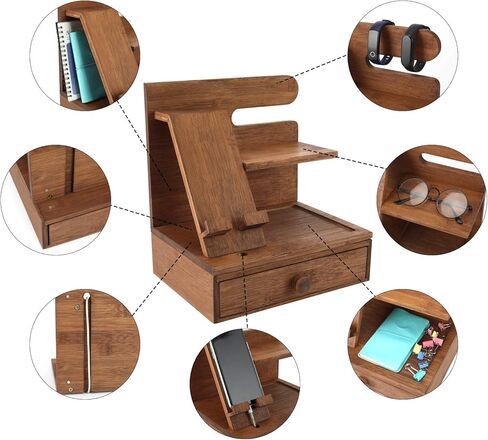 TQVAI Wood Phone Docking Charging Station Nightstand Organizer Bedside Stand, Gifts for Men, Husband, Dad Birthday, Anniversary, Christmas, Retro Brown in Kuwait