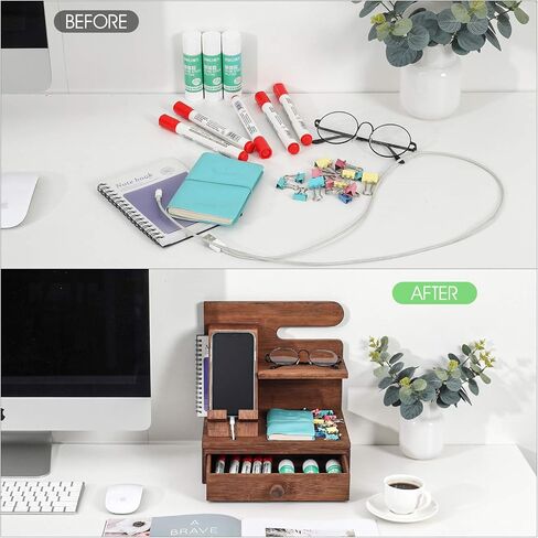 TQVAI Wood Phone Docking Charging Station Nightstand Organizer Bedside Stand, Gifts for Men, Husband, Dad Birthday, Anniversary, Christmas, Retro Brown in Kuwait