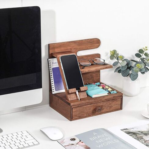 TQVAI Wood Phone Docking Charging Station Nightstand Organizer Bedside Stand, Gifts for Men, Husband, Dad Birthday, Anniversary, Christmas, Retro Brown in Kuwait