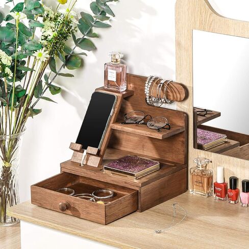 TQVAI Wood Phone Docking Charging Station Nightstand Organizer Bedside Stand, Gifts for Men, Husband, Dad Birthday, Anniversary, Christmas, Retro Brown in Kuwait