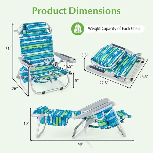 GYMAX Beach Chair, 330lbs Backpack Lounger with 5-Position Backrest, Storage Bag, Side Pocket, Towel Bar & Headrest, Foldable Low Beach Lounge, Portable Aluminum Lay Out Camp Chair (1, Pink) in Saudi Arabia