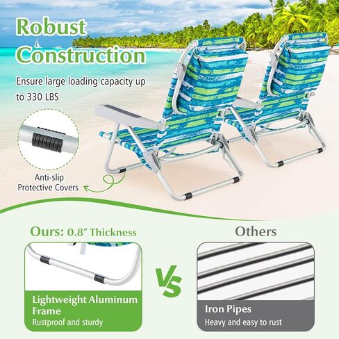 GYMAX Beach Chair, 330lbs Backpack Lounger with 5-Position Backrest, Storage Bag, Side Pocket, Towel Bar & Headrest, Foldable Low Beach Lounge, Portable Aluminum Lay Out Camp Chair (1, Pink) in Saudi Arabia