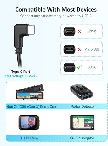 NexiGo Dash Cam Hardwire Kit مع مجموعة الصمامات لـ D90 (الجيل 3)، طقم أسلاك 11.48FT لكاميرا Dash Cam مع منفذ من النوع C، حماية الجهد المنخفض، مراقبة 24 ساعة، 12 فولت - 24 فولت إلى 5 فولت / 3 أمبير in Kuwait