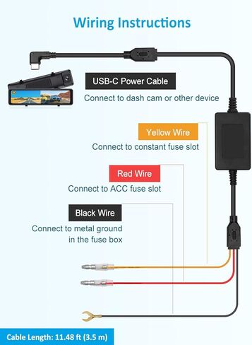 NexiGo Dash Cam Hardwire Kit مع مجموعة الصمامات لـ D90 (الجيل 3)، طقم أسلاك 11.48FT لكاميرا Dash Cam مع منفذ من النوع C، حماية الجهد المنخفض، مراقبة 24 ساعة، 12 فولت - 24 فولت إلى 5 فولت / 3 أمبير in Kuwait