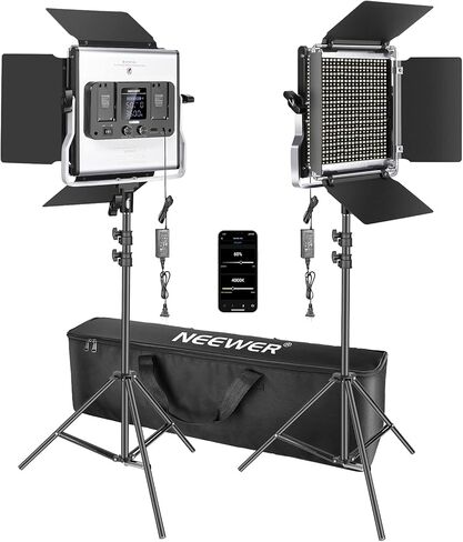 NEEWER 2 Pack Bi Color 660 LED Video Light and Stand Kit: (2) 3200-5600K CRI 96+ Dimmable Light with U Bracket and Barndoor, (2) 75 inches Light Stand for Studio Photography, Video Recording (Black) in Saudi Arabia