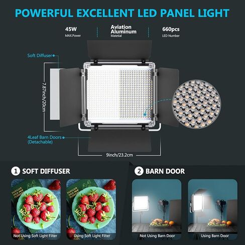 NEEWER 2 Pack Bi Color 660 LED Video Light and Stand Kit: (2) 3200-5600K CRI 96+ Dimmable Light with U Bracket and Barndoor, (2) 75 inches Light Stand for Studio Photography, Video Recording (Black) in Saudi Arabia