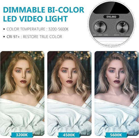 NEEWER 2 Pack Bi Color 660 LED Video Light and Stand Kit: (2) 3200-5600K CRI 96+ Dimmable Light with U Bracket and Barndoor, (2) 75 inches Light Stand for Studio Photography, Video Recording (Black) in Saudi Arabia