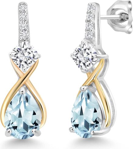 Gem Stone King 925 Sterling Silver and 10K Yellow Gold Pear Shape Blue Sapphire and White Moissanite Dangle Earrings By Keren Hanan (3.48 Cttw, Pear Shape 8X6MM) in Kuwait