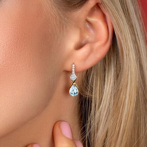 Gem Stone King 925 Sterling Silver and 10K Yellow Gold Pear Shape Blue Sapphire and White Moissanite Dangle Earrings By Keren Hanan (3.48 Cttw, Pear Shape 8X6MM) in Kuwait