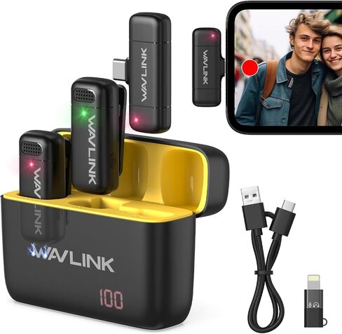 WAVLINK Wireless Lavalier Microphone for iPhone 15 Android Vlog, Clip on Lapel Dual Mic System & USB-C Input & Battery Case for YouTube Facebook Live, Video Recording(2*TX+1*RX) in Saudi Arabia