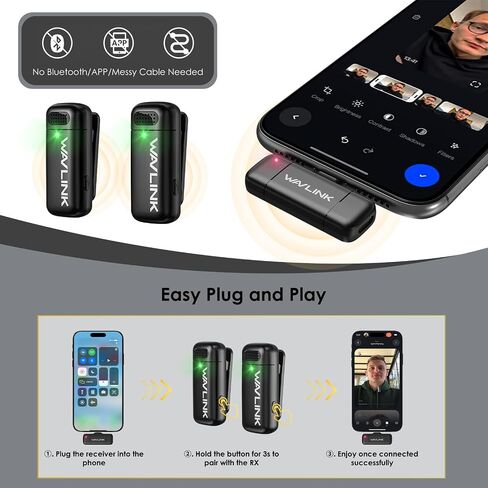WAVLINK Wireless Lavalier Microphone for iPhone 15 Android Vlog, Clip on Lapel Dual Mic System & USB-C Input & Battery Case for YouTube Facebook Live, Video Recording(2*TX+1*RX) in Saudi Arabia