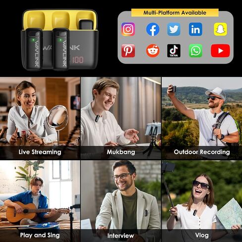 WAVLINK Wireless Lavalier Microphone for iPhone 15 Android Vlog, Clip on Lapel Dual Mic System & USB-C Input & Battery Case for YouTube Facebook Live, Video Recording(2*TX+1*RX) in Saudi Arabia