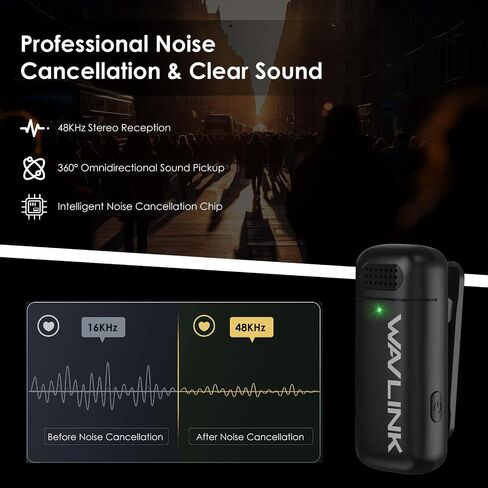 WAVLINK Wireless Lavalier Microphone for iPhone 15 Android Vlog, Clip on Lapel Dual Mic System & USB-C Input & Battery Case for YouTube Facebook Live, Video Recording(2*TX+1*RX) in Saudi Arabia
