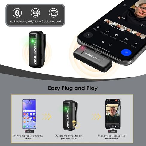 WAVLINK Wireless Lavalier Microphone for iPhone 15 Android Vlog, Clip on Lapel Dual Mic System & USB-C Input & Battery Case for YouTube Facebook Live, Video Recording(2*TX+1*RX) in Saudi Arabia