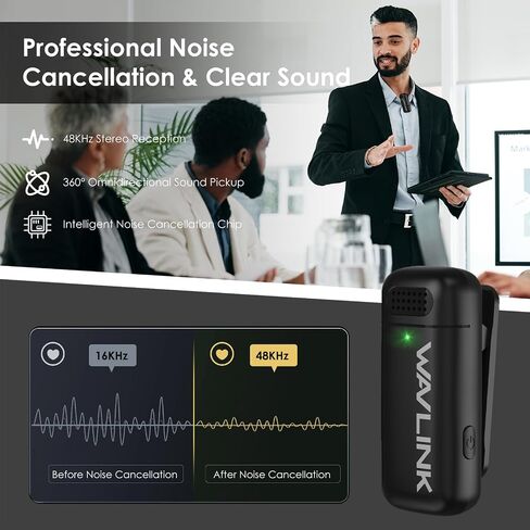 WAVLINK Wireless Lavalier Microphone for iPhone 15 Android Vlog, Clip on Lapel Dual Mic System & USB-C Input & Battery Case for YouTube Facebook Live, Video Recording(2*TX+1*RX) in Saudi Arabia