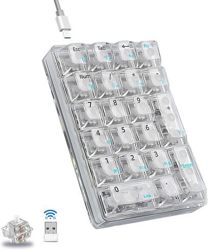 لوحة أرقام AULA ذات 21 مفتاحًا ثلاثي الوضع، لوحة أرقام شفافة لاسلكية، لوحة أرقام ميكانيكية قابلة للتبديل السريع، لوحة مفاتيح لوحة أرقام مع أغطية مفاتيح شفافة، 18 لوحة مفاتيح رقمية بإضاءة خلفية (أبيض) in Kuwait