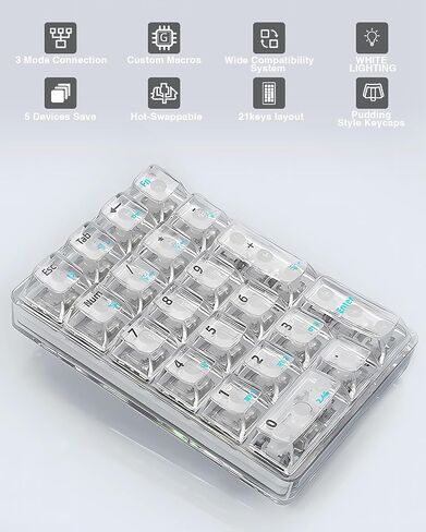 لوحة أرقام AULA ذات 21 مفتاحًا ثلاثي الوضع، لوحة أرقام شفافة لاسلكية، لوحة أرقام ميكانيكية قابلة للتبديل السريع، لوحة مفاتيح لوحة أرقام مع أغطية مفاتيح شفافة، 18 لوحة مفاتيح رقمية بإضاءة خلفية (أبيض) in Kuwait