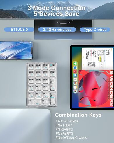 لوحة أرقام AULA ذات 21 مفتاحًا ثلاثي الوضع، لوحة أرقام شفافة لاسلكية، لوحة أرقام ميكانيكية قابلة للتبديل السريع، لوحة مفاتيح لوحة أرقام مع أغطية مفاتيح شفافة، 18 لوحة مفاتيح رقمية بإضاءة خلفية (أبيض) in Kuwait