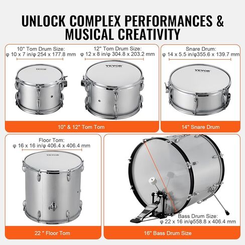 VEVOR Adult Drum Set, 5-Piece, 22 inches Complete Full Size Drum Kit with Bass Toms Snare Floor Drum Adjustable Throne Stands Cymbal Hi-Hat Pedal and Drumsticks, Beginner Drum Kit for Adults, Black in Saudi Arabia