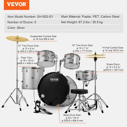 VEVOR Adult Drum Set, 5-Piece, 22 inches Complete Full Size Drum Kit with Bass Toms Snare Floor Drum Adjustable Throne Stands Cymbal Hi-Hat Pedal and Drumsticks, Beginner Drum Kit for Adults, Black in Saudi Arabia