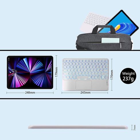 Slim Portable Wireless Bluetooth Keyboard,10 inch 7 Colors Backlit Rechargeable Keyboard for Android Tablet Cell Phone Smartphone iPad iOS Windows Universal Devices (White) in Kuwait
