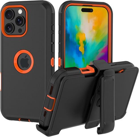 for iPhone 16 Pro Max Phone Case: Heavy Duty Shockproof Armor Protector Case Cover with Belt Clip Holster for Apple iPhone 16 Pro Max 6.9 Phone Case (Black+Orange) in Saudi Arabia