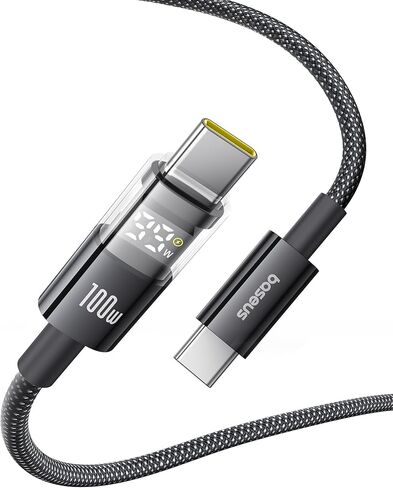كابل Baseus USB C، كابل شاحن USB C للشحن السريع 100 واط 5 أمبير مع شاشة LED، كابل USB C مجدول من النايلون من سبائك الزنك إلى USB C لهاتف iPhone 16/Pro/Plus/Pro Max، MacBook، iPad Pro، Galaxy S24/S23 (6.6 قدم) ) in Saudi Arabia