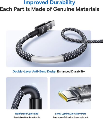كابل Baseus USB C، كابل شاحن USB C للشحن السريع 100 واط 5 أمبير مع شاشة LED، كابل USB C مجدول من النايلون من سبائك الزنك إلى USB C لهاتف iPhone 16/Pro/Plus/Pro Max، MacBook، iPad Pro، Galaxy S24/S23 (6.6 قدم) ) in Saudi Arabia