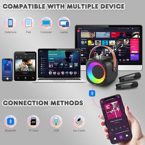 آلة كاريوكي صغيرة للأطفال والكبار، مكبر صوت بلوتوث محمول مع 2 ميكروفونات لاسلكية، مجموعة ميكروفون ومكبر صوت مع ضوء ديسكو للمنزل والحفلات المنزلية وهدية عيد الميلاد للفتيات والأولاد in Kuwait